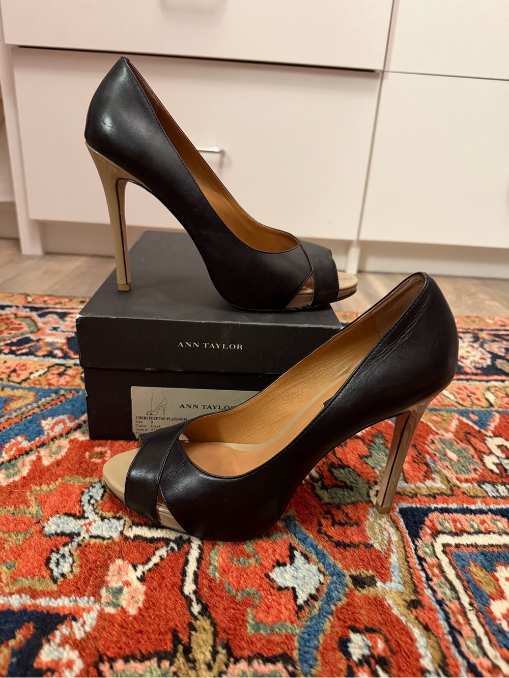 Ann Taylor Black Leather Peep-Toe Pumps with tan heel